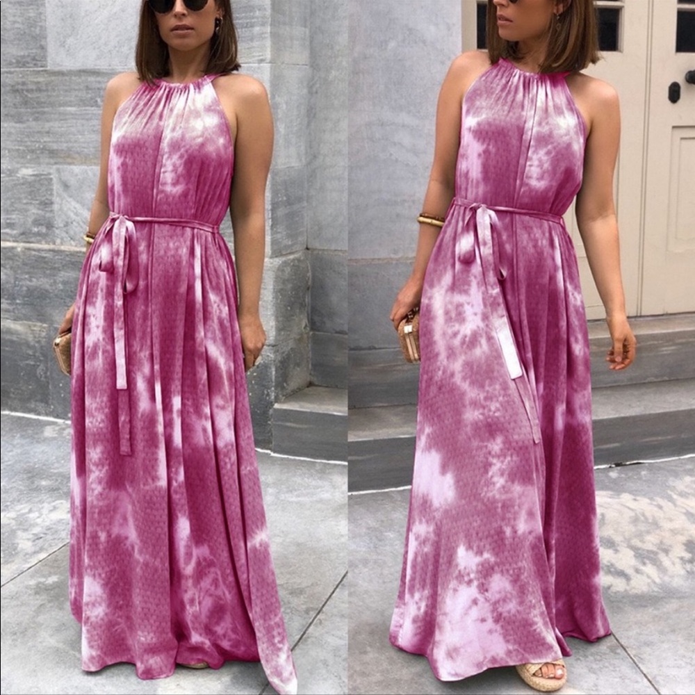 Cocoimo Tie Dye Maxi Dress fixed shoulder straps and tie belt at waist Green - Picture 3 of 16